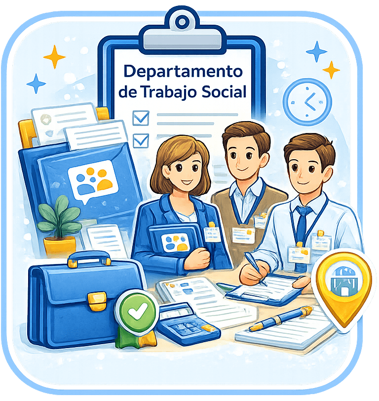 Icono de departamento de trabajo social con equipo profesional y documentos, representando servicios sociales externalizados.