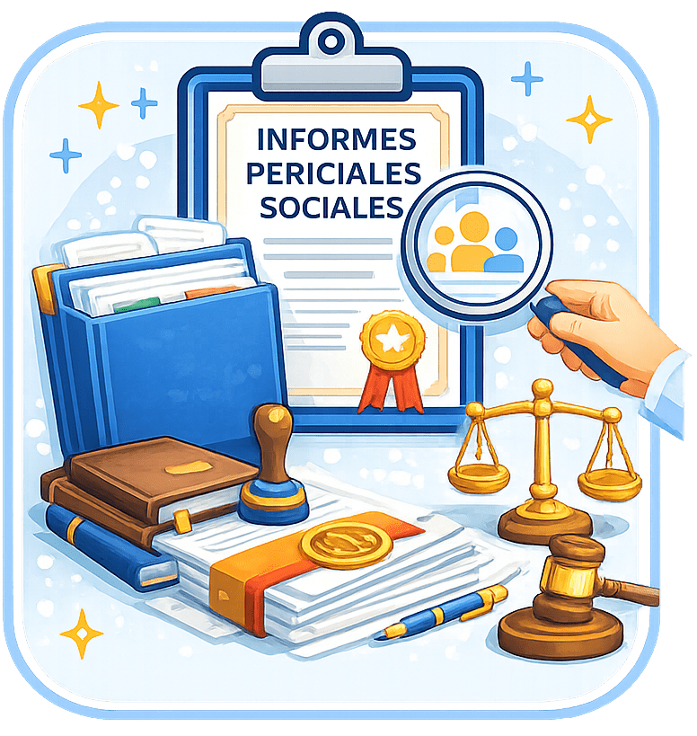 Icono de elaboración de informe pericial social con documento oficial y validación profesional en Madrid.