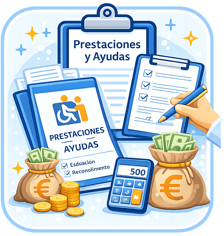 Icono de prestaciones y ayudas económicas con documento, símbolo de accesibilidad y recursos financieros, representando el asesoramiento social.