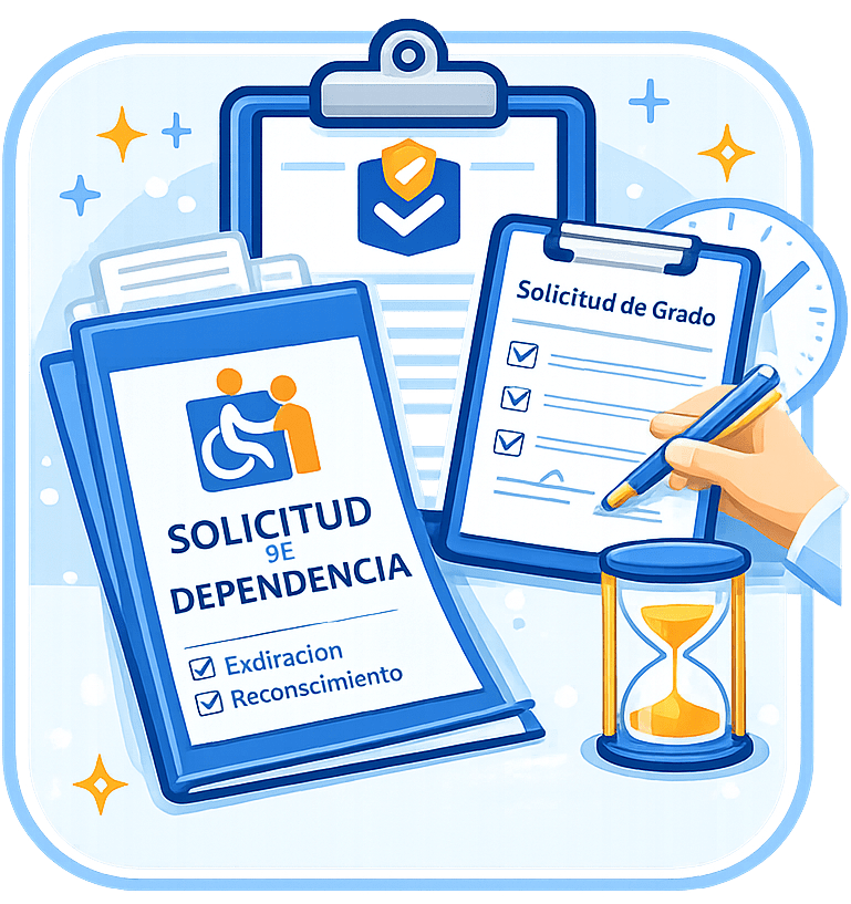 Icono de solicitud de dependencia con documento, símbolo de accesibilidad y validación, representando el servicio de asesoramiento social.